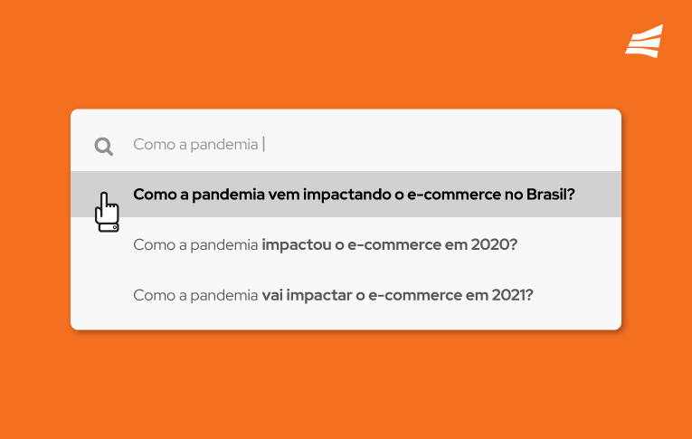 Imagem simulando uma pesquisa no Google sobre o impacto da pandemia no e-coomerce no Brasil, no fundo laranja.