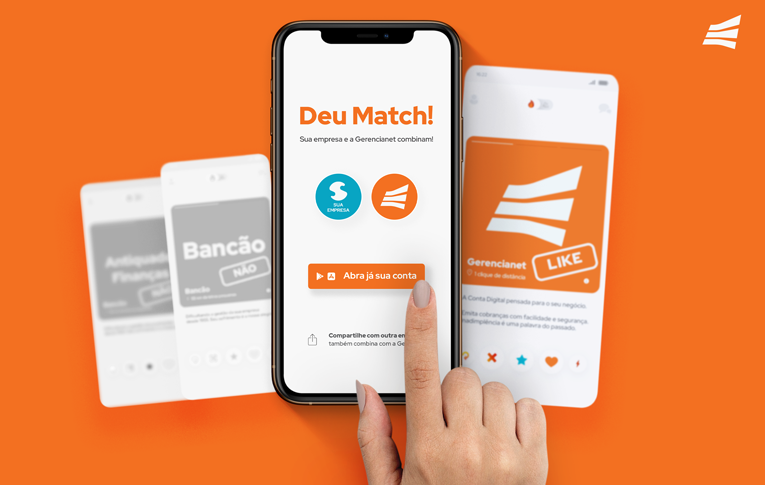 Celular com tela semelhante à tela do Tinder, com dizerem "Deu Match!", indicando que a Conta Digital MEI Gerencianet combina com o seu negócio.