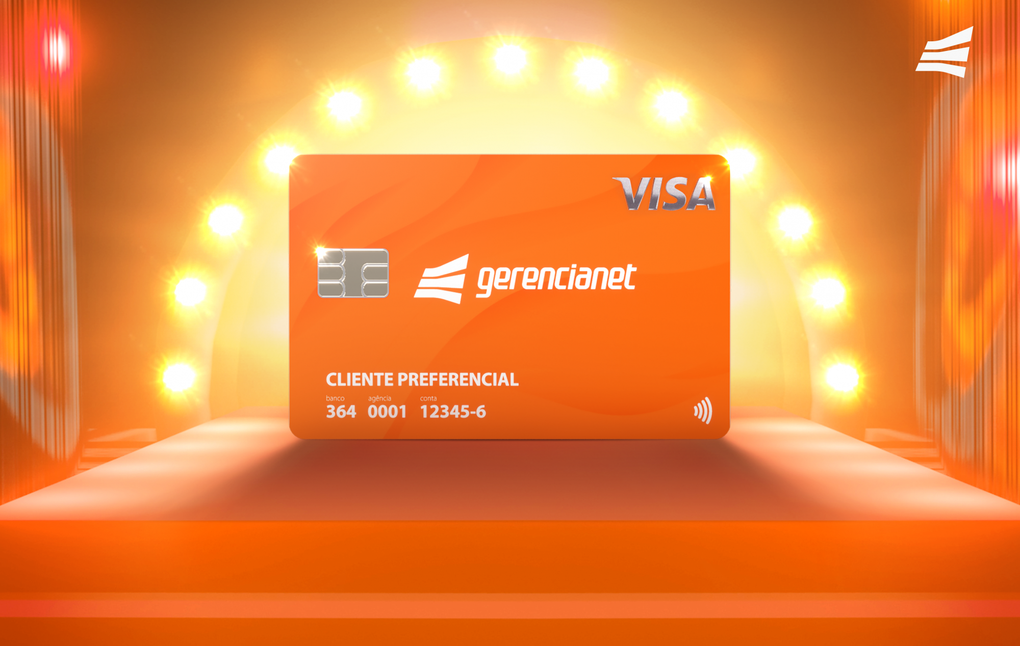 Ilustração 3d do Cartão de Crédito Gerencianet em cima de um palco e com várias lâmpadas amarelas atrás. O cenário é todo laranja.